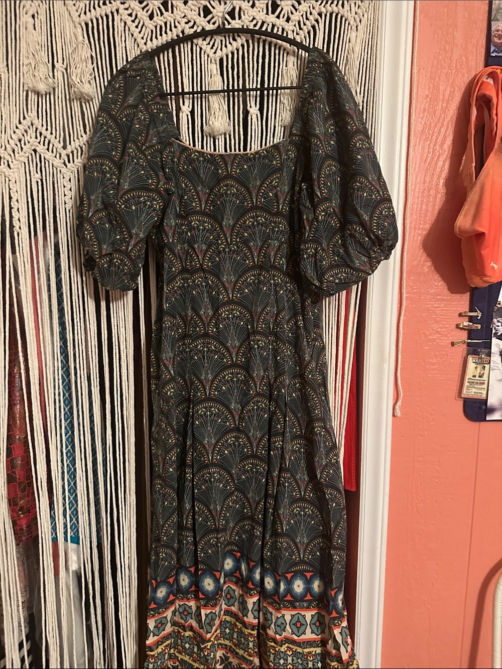 Puff Sleeve Maxi Dress in Dark Blue Paisley Print